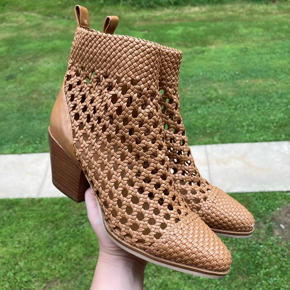 Michael Kors Augustine Tan Brown Woven Leather Ankle Bootie Western Style Boot